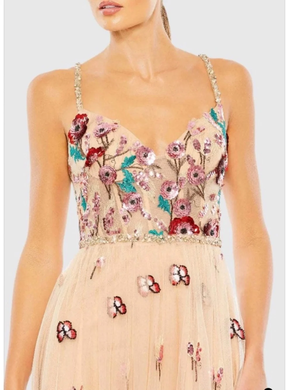 Mac Duggal Beige Embellished Floral Detail A Line Gown Size 16 - Picture 4 of 6